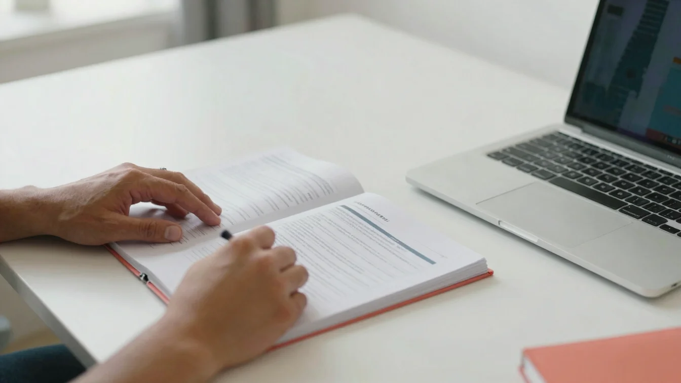 Editorial close-up of hands arranging a printed workbook beside a