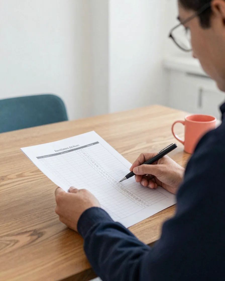 Editorial portrait-style photograph of a person reviewing a print