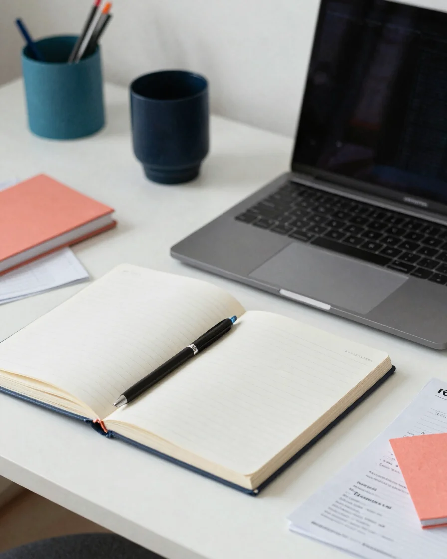 Editorial workspace with a notebook, laptop, and organized financ